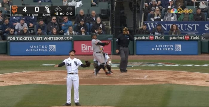 White Sox pitcher Michael Kopech reacts to a San Francisco Giants home run